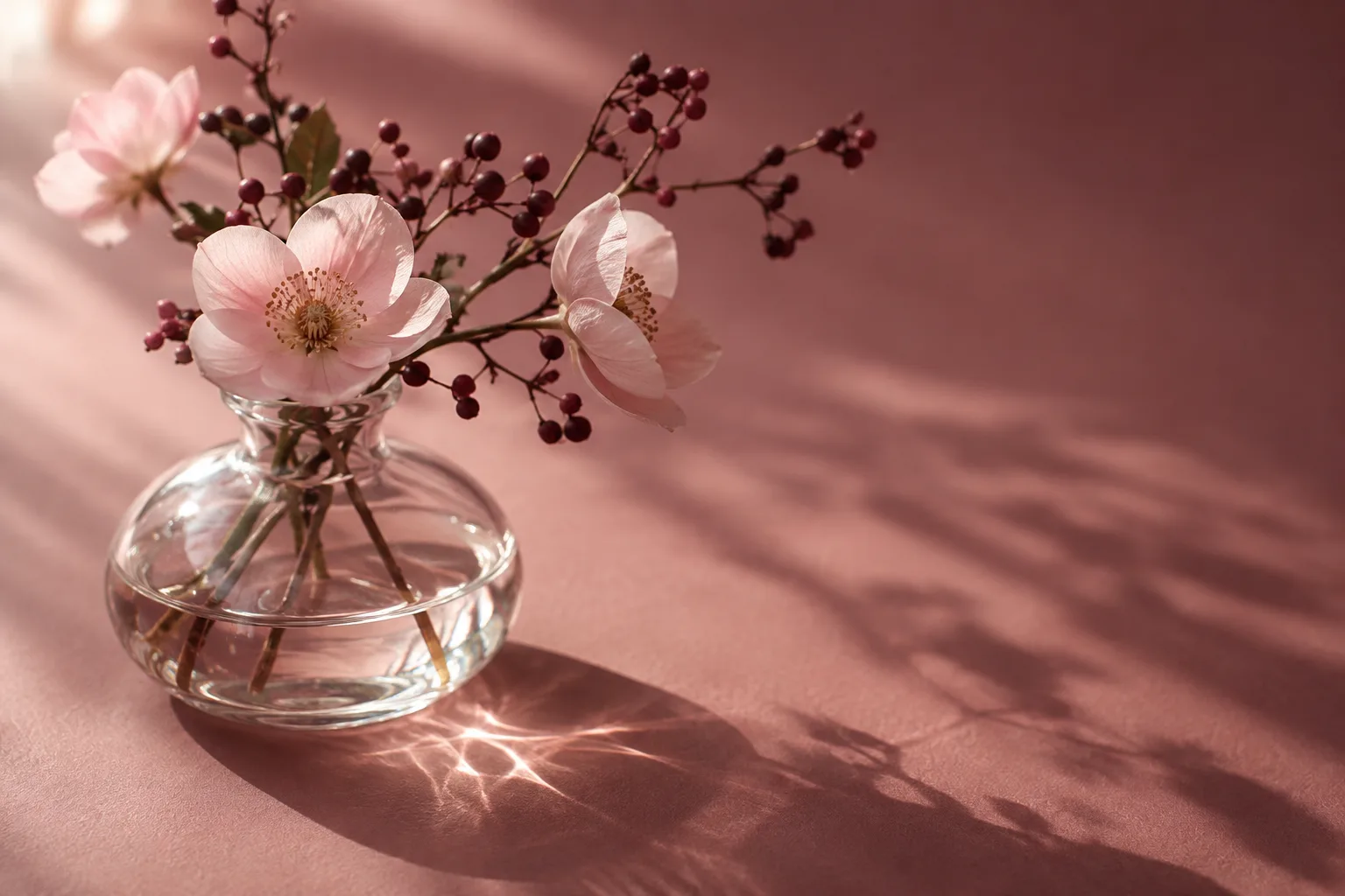 Imagem ilustrativa de flores rosa e ramos vinho em vaso de vidro